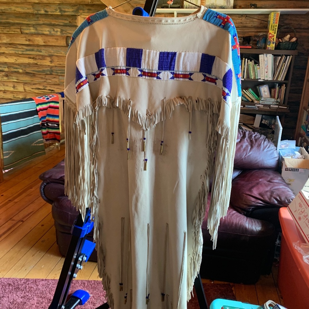 Authentic Native American Ceremonial Elk Skin Dress-pale tan.